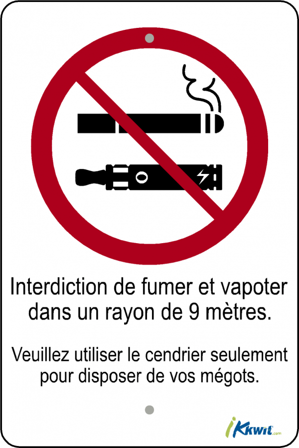 Affiche autocollante Interdiction fumer, vapoter à moins de 9 mètres. Utilisation pour mégots seulement.